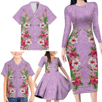 Hawaii Tropical Flowers Family Matching Long Sleeve Bodycon Dress and Hawaiian Shirt Lavender Polynesian Tattoo Art