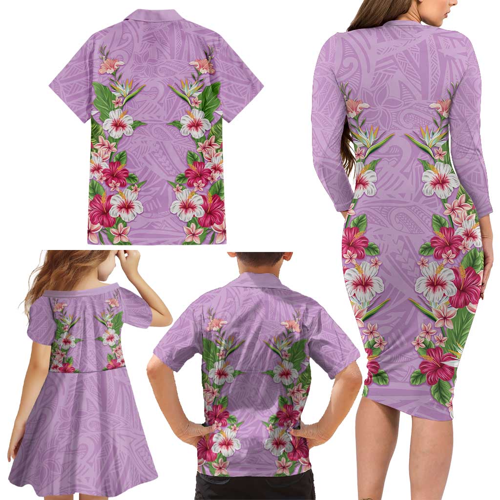 Hawaii Tropical Flowers Family Matching Long Sleeve Bodycon Dress and Hawaiian Shirt Lavender Polynesian Tattoo Art