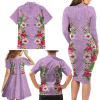 Hawaii Tropical Flowers Family Matching Long Sleeve Bodycon Dress and Hawaiian Shirt Lavender Polynesian Tattoo Art