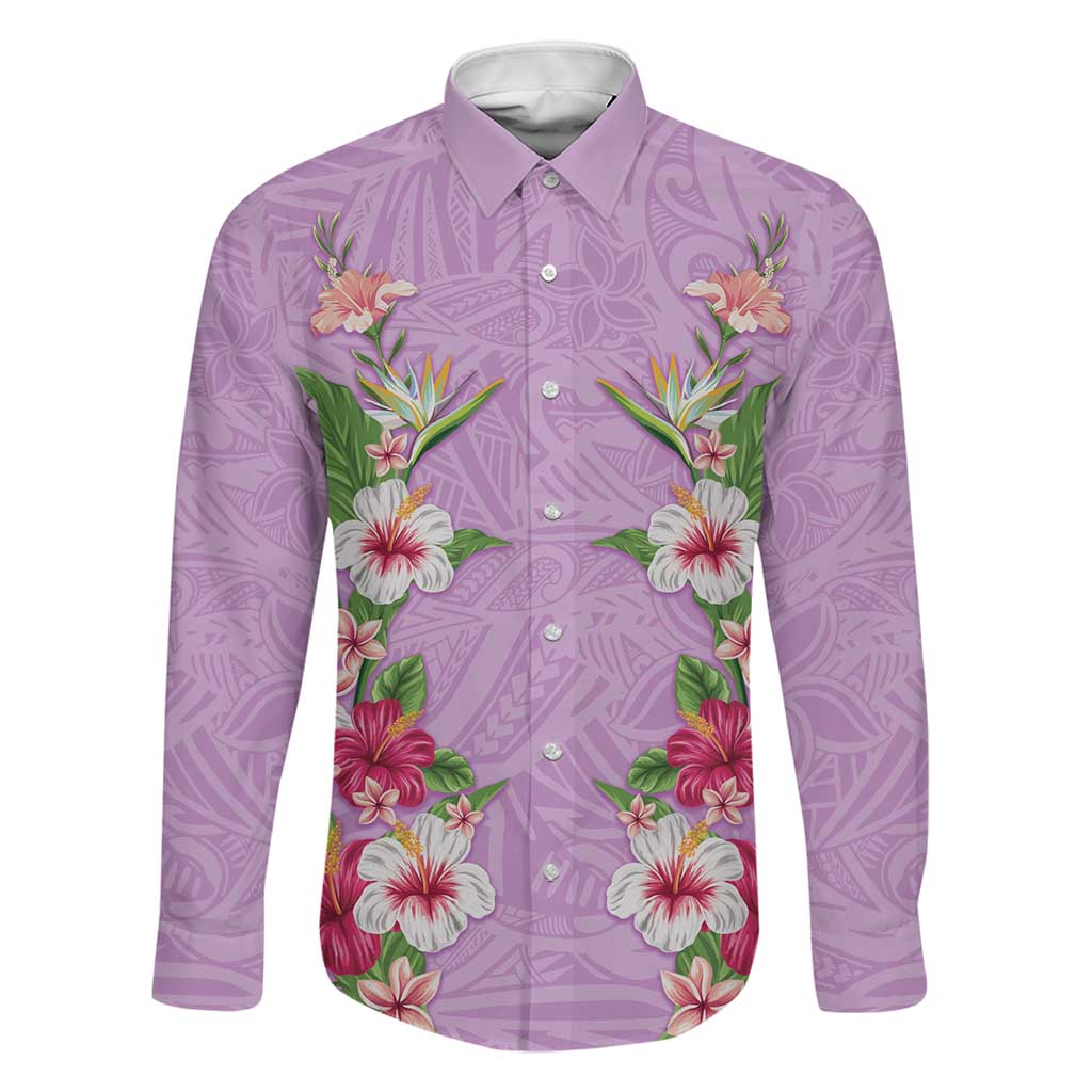 Hawaii Tropical Flowers Family Matching Long Sleeve Bodycon Dress and Hawaiian Shirt Lavender Polynesian Tattoo Art