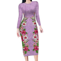 Hawaii Tropical Flowers Family Matching Long Sleeve Bodycon Dress and Hawaiian Shirt Lavender Polynesian Tattoo Art