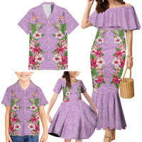 Hawaii Tropical Flowers Family Matching Mermaid Dress and Hawaiian Shirt Lavender Polynesian Tattoo Art