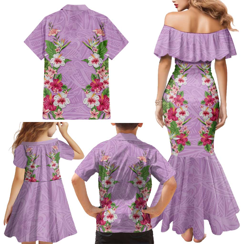 Hawaii Tropical Flowers Family Matching Mermaid Dress and Hawaiian Shirt Lavender Polynesian Tattoo Art