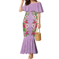 Hawaii Tropical Flowers Family Matching Mermaid Dress and Hawaiian Shirt Lavender Polynesian Tattoo Art