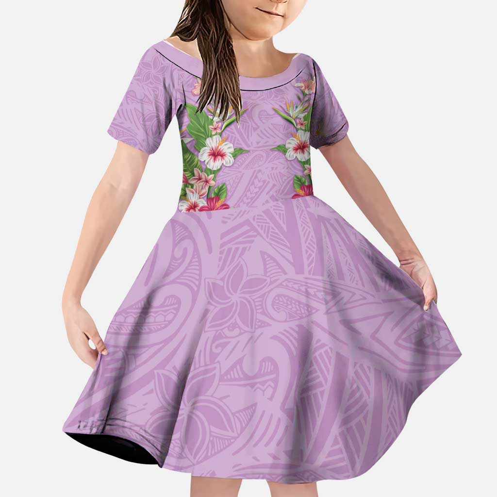 Hawaii Tropical Flowers Family Matching Off The Shoulder Long Sleeve Dress and Hawaiian Shirt Lavender Polynesian Tattoo Art