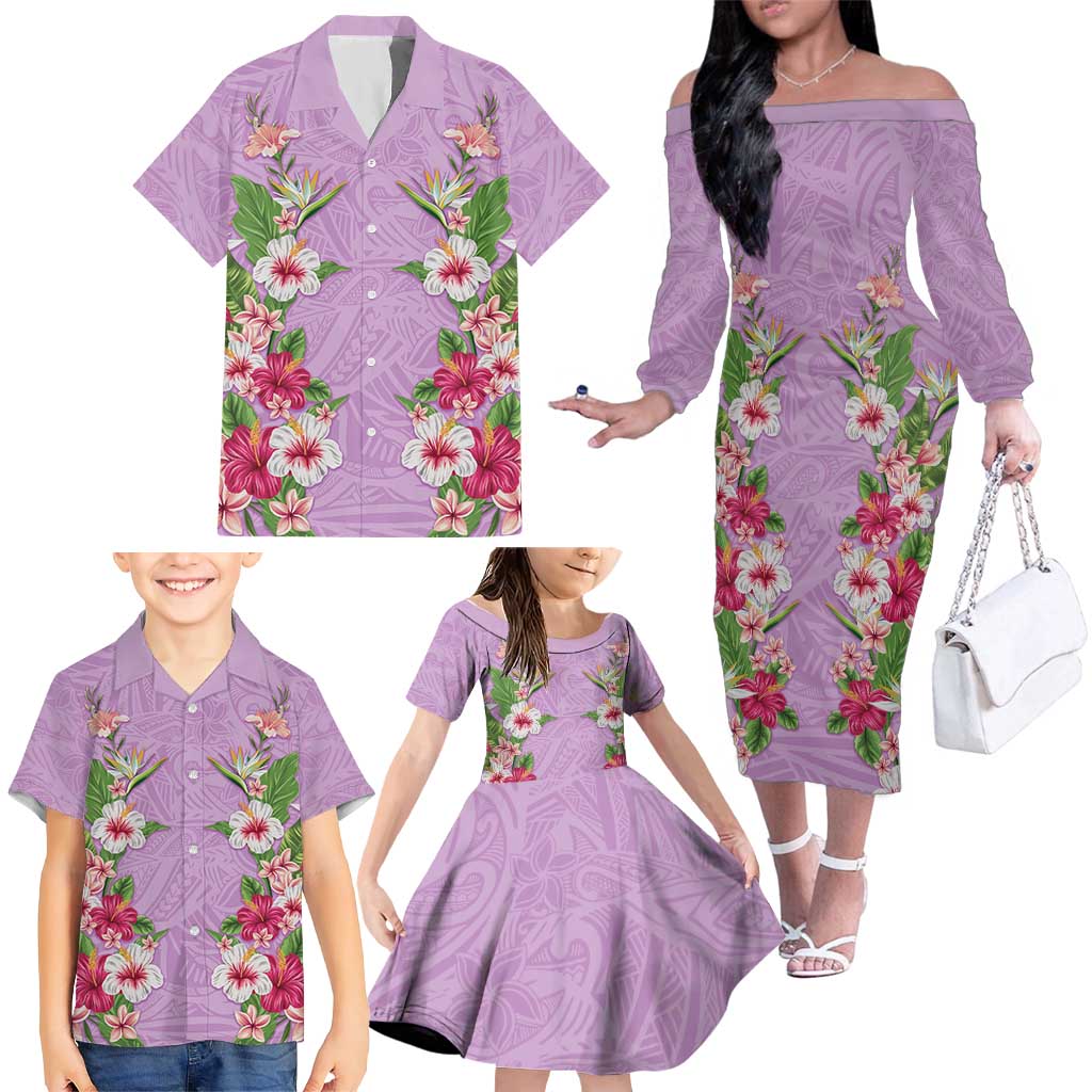 Hawaii Tropical Flowers Family Matching Off The Shoulder Long Sleeve Dress and Hawaiian Shirt Lavender Polynesian Tattoo Art