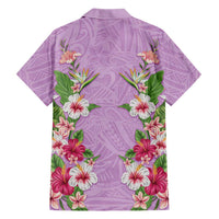 Hawaii Tropical Flowers Family Matching Off The Shoulder Long Sleeve Dress and Hawaiian Shirt Lavender Polynesian Tattoo Art
