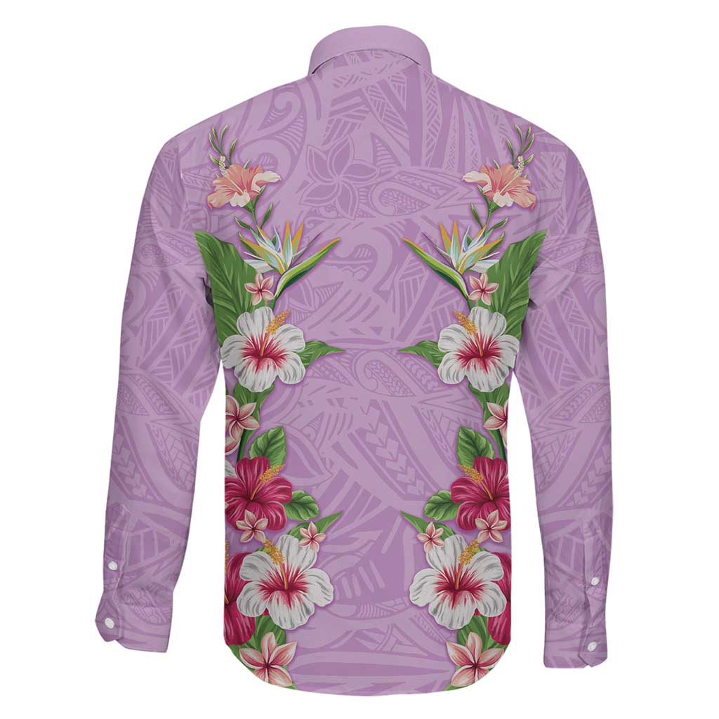 Hawaii Tropical Flowers Family Matching Off Shoulder Short Dress and Hawaiian Shirt Lavender Polynesian Tattoo Art