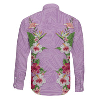 Hawaii Tropical Flowers Family Matching Off Shoulder Short Dress and Hawaiian Shirt Lavender Polynesian Tattoo Art