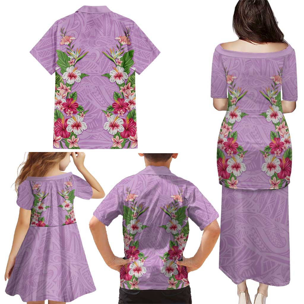 Hawaii Tropical Flowers Family Matching Puletasi and Hawaiian Shirt Lavender Polynesian Tattoo Art