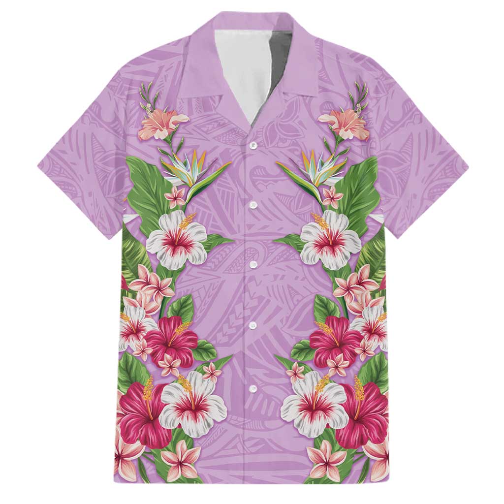 Hawaii Tropical Flowers Family Matching Short Sleeve Bodycon Dress and Hawaiian Shirt Lavender Polynesian Tattoo Art