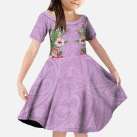 Hawaii Tropical Flowers Kid Short Sleeve Dress Lavender Polynesian Tattoo Art