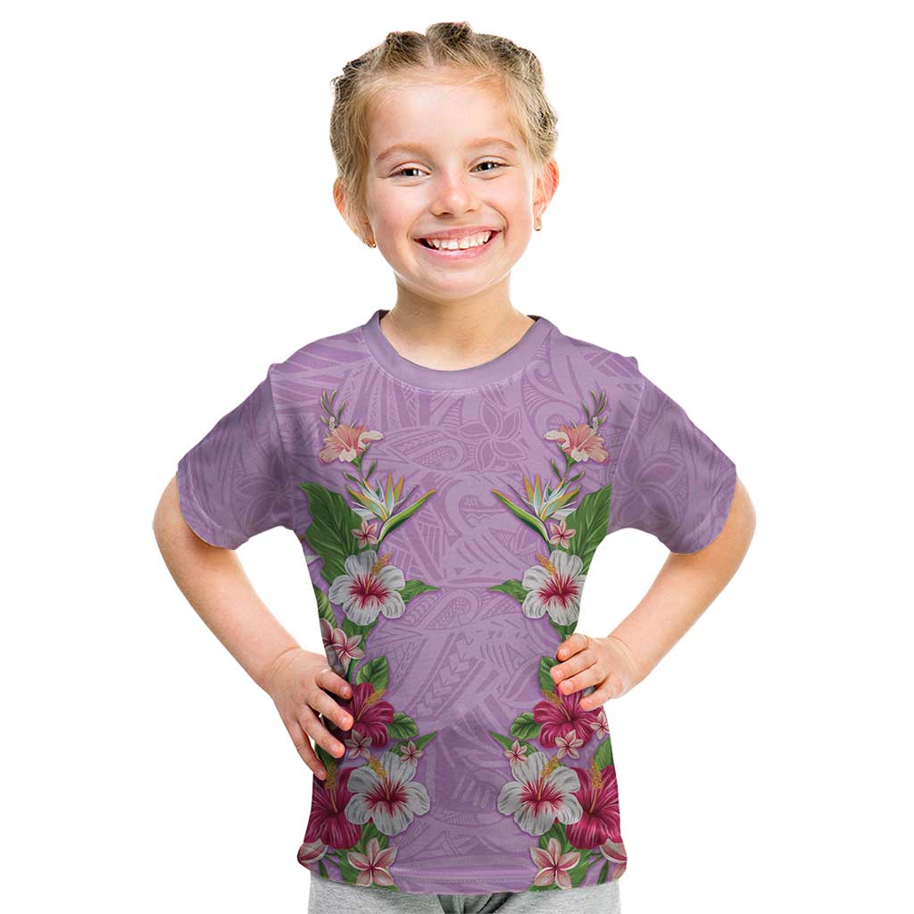 Hawaii Tropical Flowers Kid T Shirt Lavender Polynesian Tattoo Art