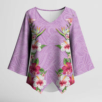 Hawaii Tropical Flowers Kimono Sleeve Blouse Lavender Polynesian Tattoo Art