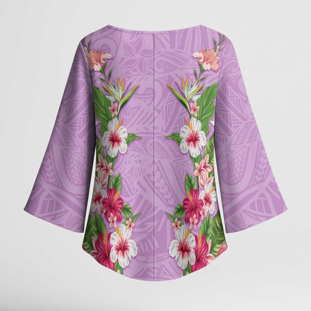 Hawaii Tropical Flowers Kimono Sleeve Blouse Lavender Polynesian Tattoo Art