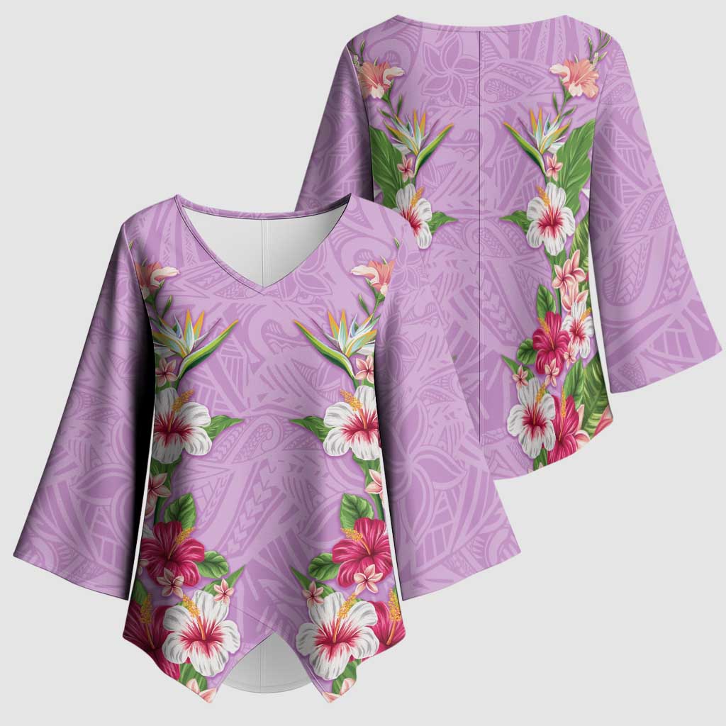 Hawaii Tropical Flowers Kimono Sleeve Blouse Lavender Polynesian Tattoo Art