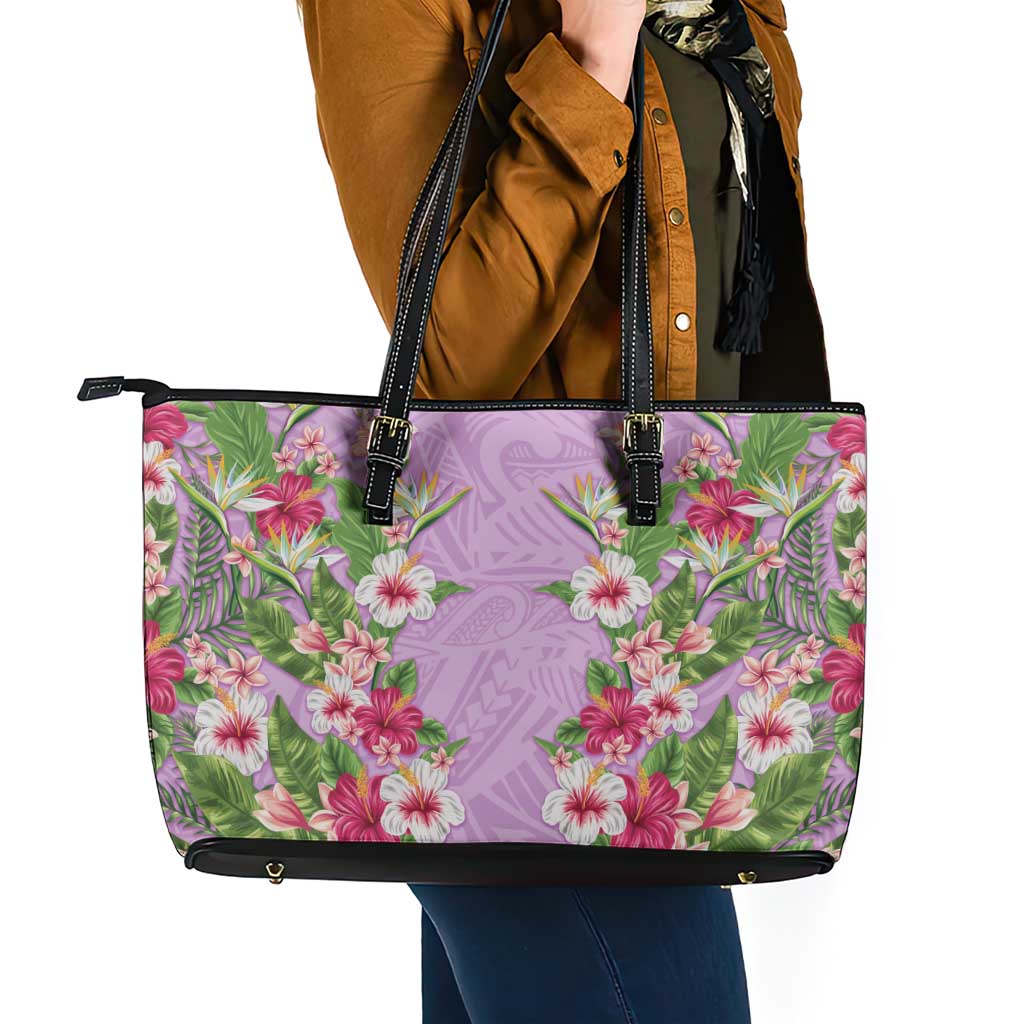 Hawaii Tropical Flowers Leather Tote Bag Lavender Polynesian Tattoo Art LT05 - Polynesian Pride