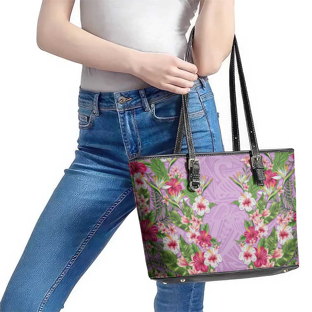 Hawaii Tropical Flowers Leather Tote Bag Lavender Polynesian Tattoo Art LT05 - Polynesian Pride