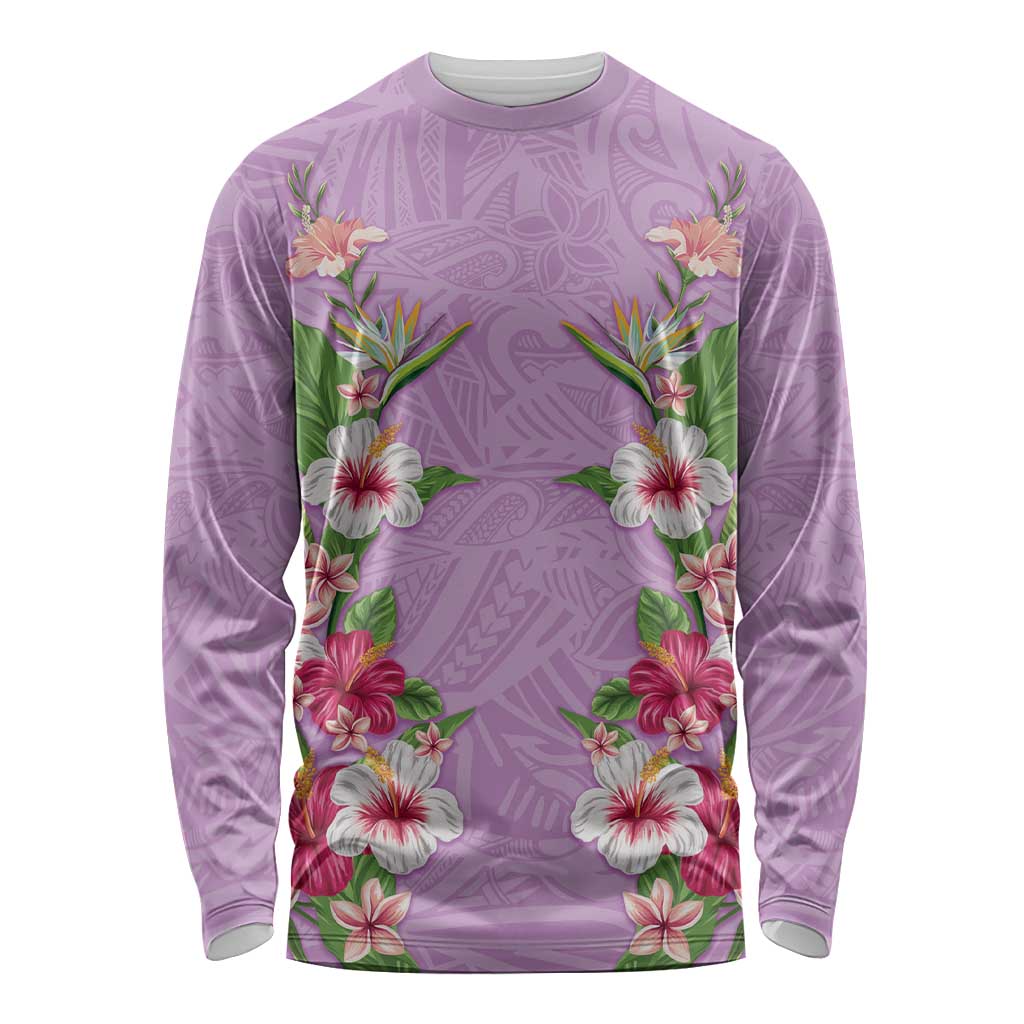 Hawaii Tropical Flowers Long Sleeve Shirt Lavender Polynesian Tattoo Art