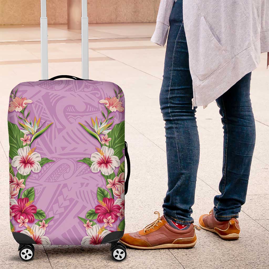 Hawaii Tropical Flowers Luggage Cover Lavender Polynesian Tattoo Art