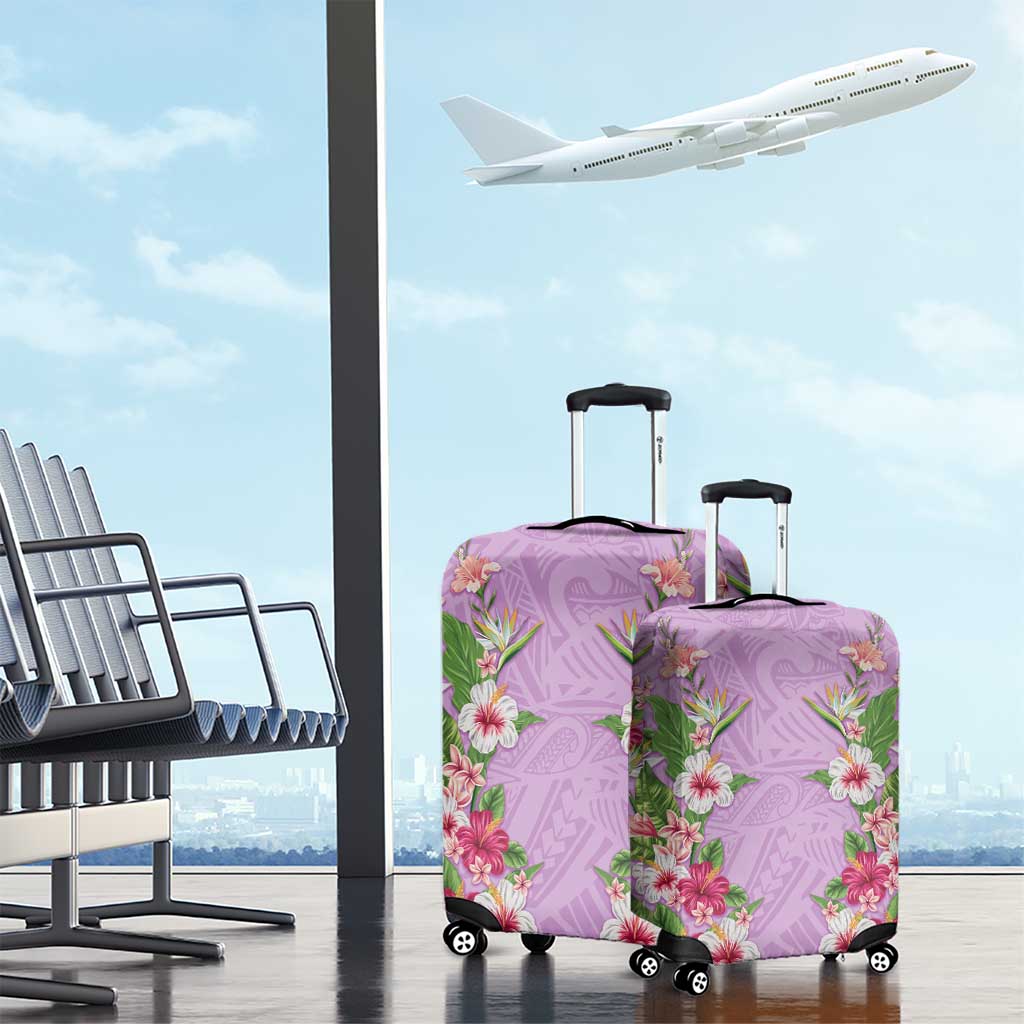 Hawaii Tropical Flowers Luggage Cover Lavender Polynesian Tattoo Art