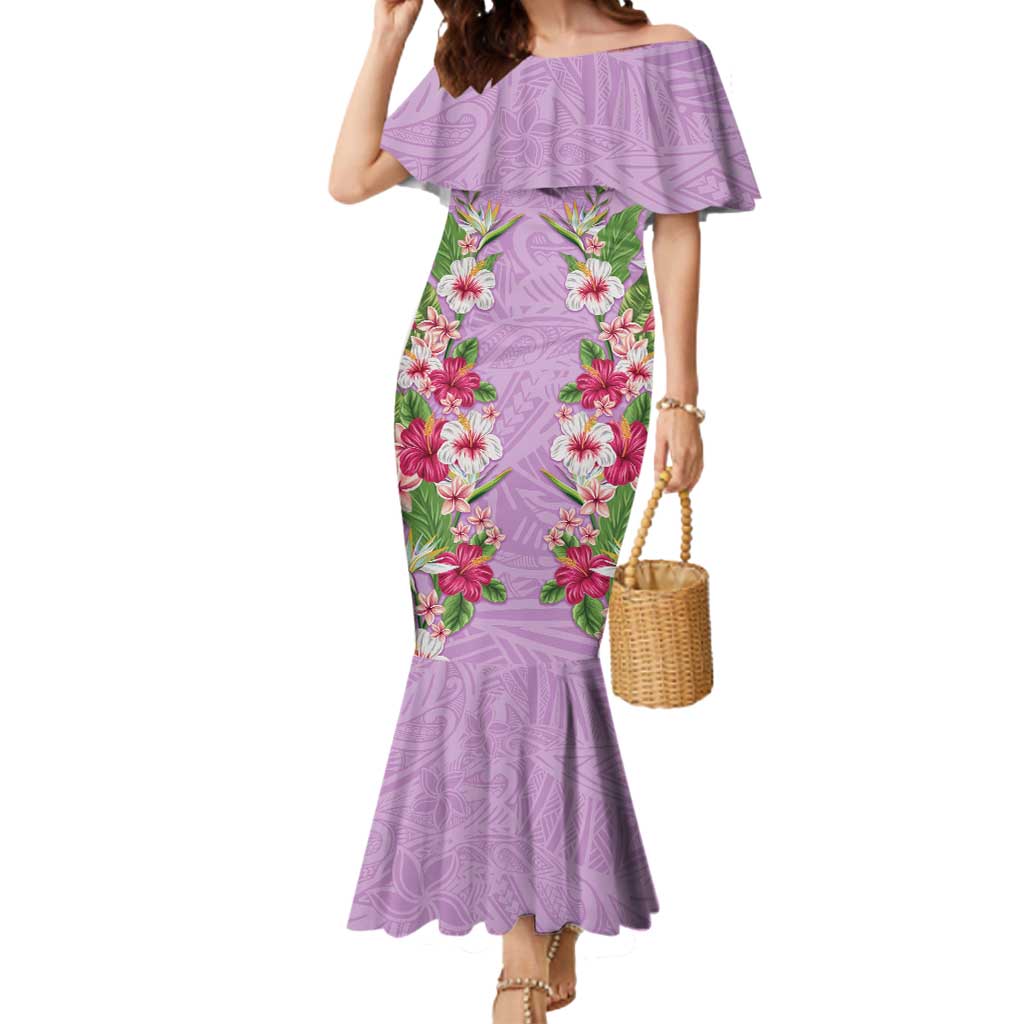 Hawaii Tropical Flowers Mermaid Dress Lavender Polynesian Tattoo Art