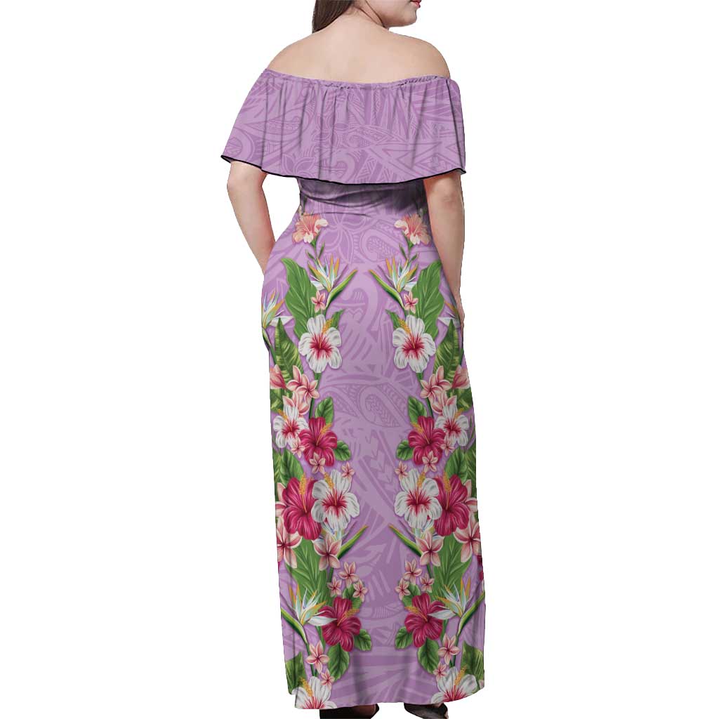 Hawaii Tropical Flowers Off Shoulder Maxi Dress Lavender Polynesian Tattoo Art