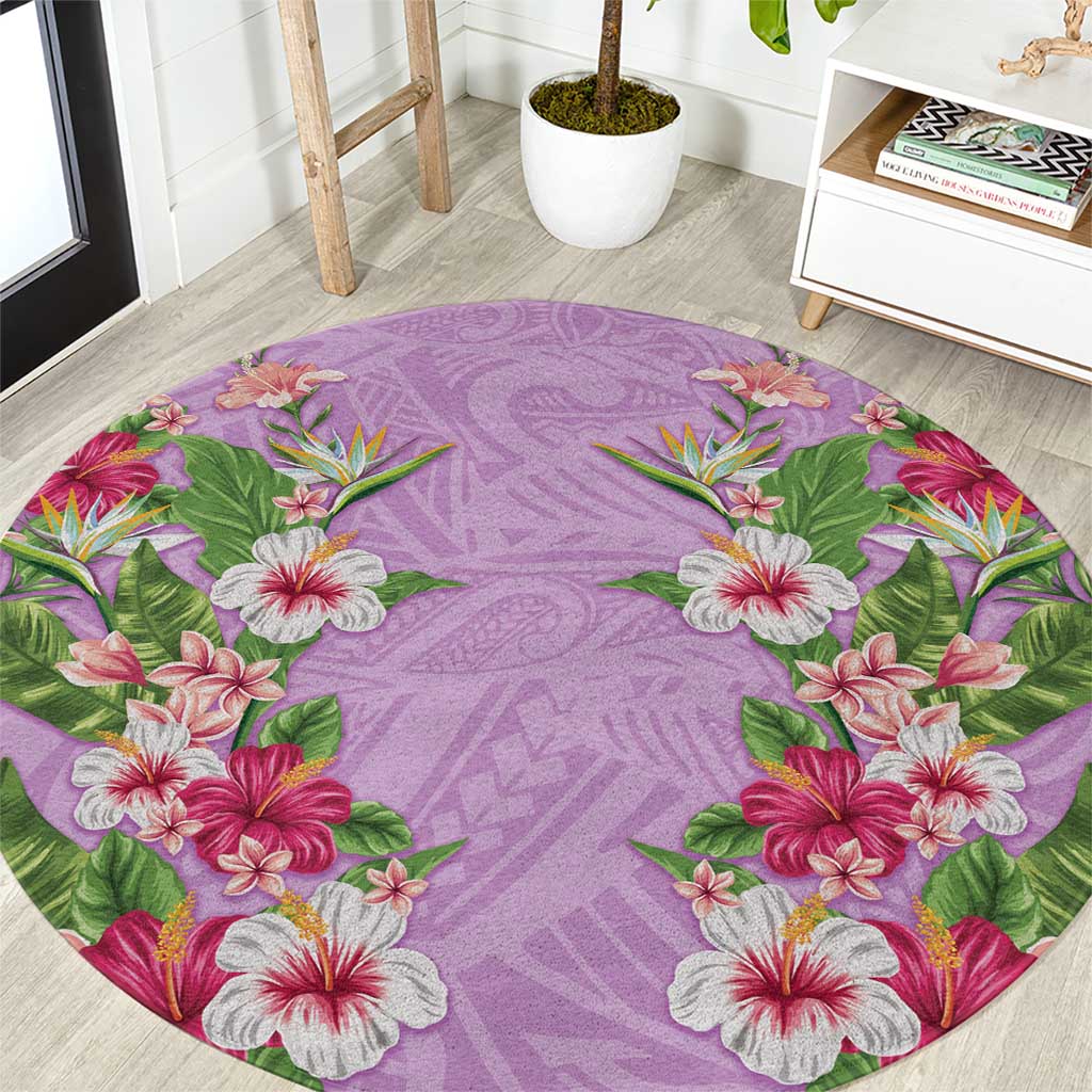 Hawaii Tropical Flowers Round Carpet Lavender Polynesian Tattoo Art