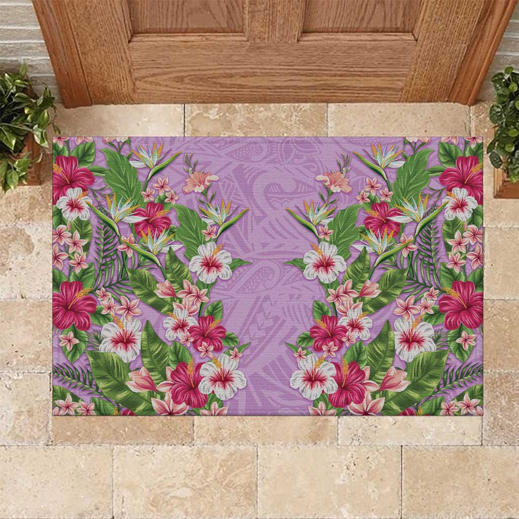 Hawaii Tropical Flowers Rubber Doormat Lavender Polynesian Tattoo Art