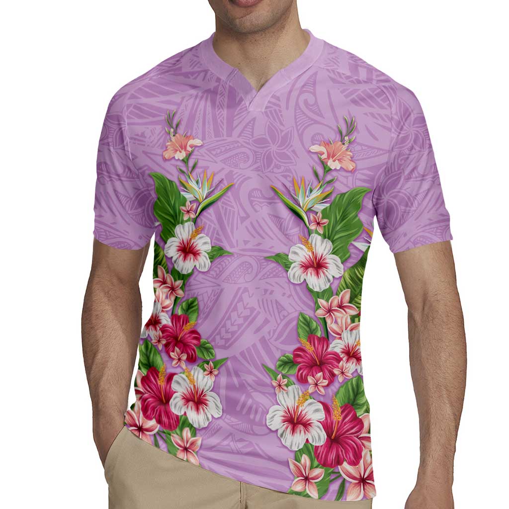 Hawaii Tropical Flowers Rugby Jersey Lavender Polynesian Tattoo Art