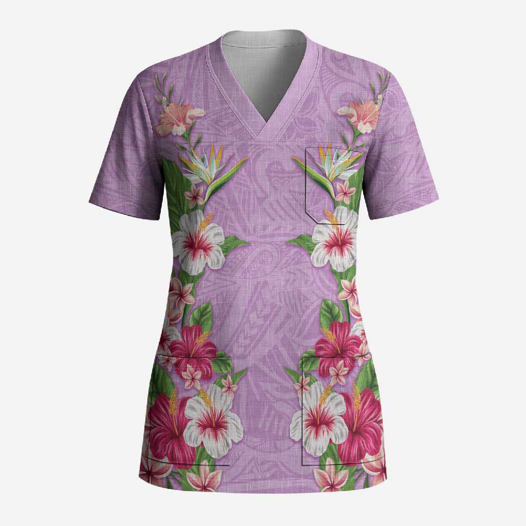 Hawaii Tropical Flowers Scrub Top Lavender Polynesian Tattoo Art