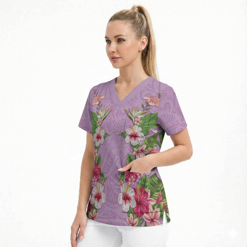 Hawaii Tropical Flowers Scrub Top Lavender Polynesian Tattoo Art
