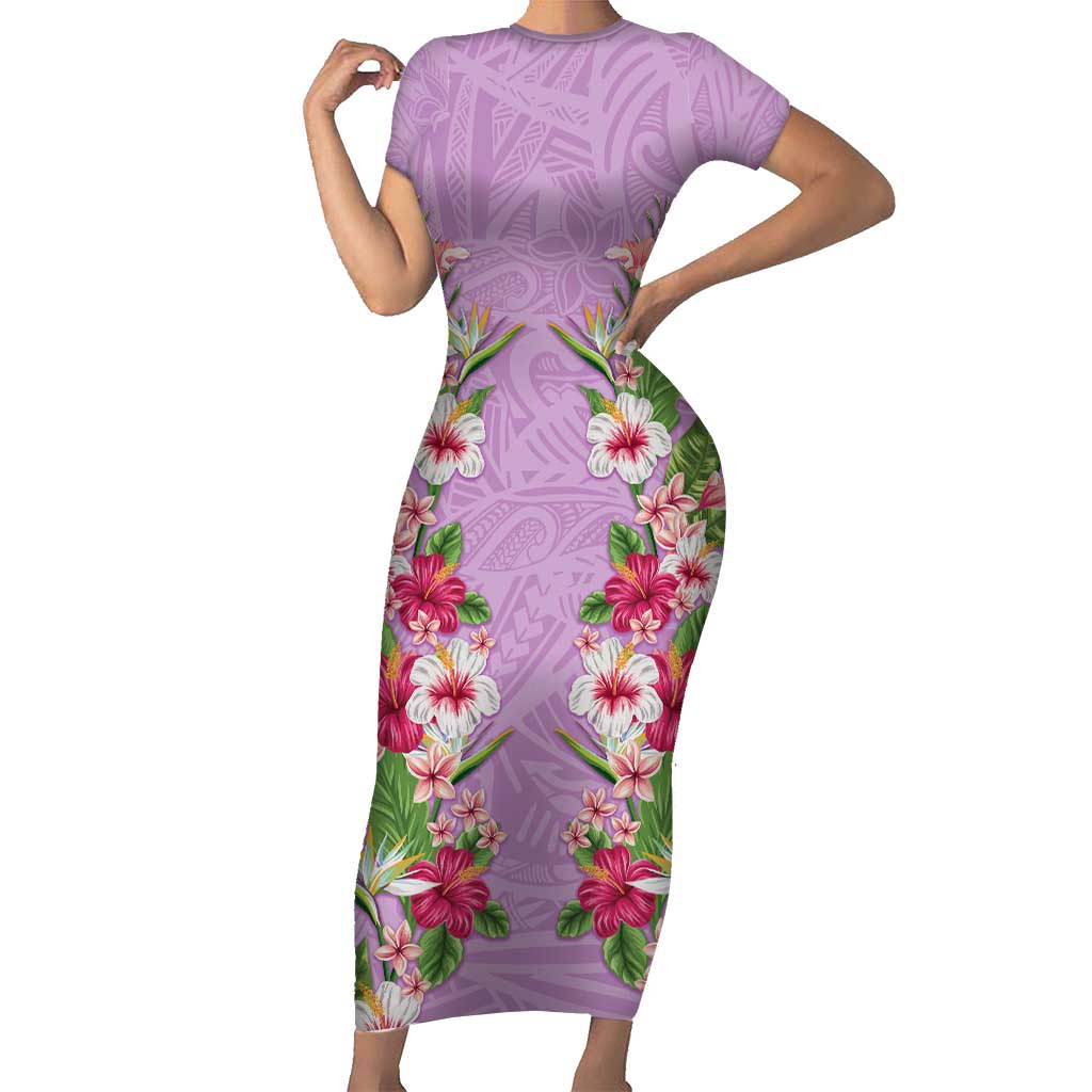 Hawaii Tropical Flowers Short Sleeve Bodycon Dress Lavender Polynesian Tattoo Art
