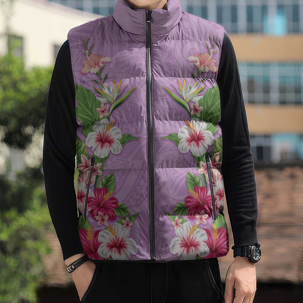Hawaii Tropical Flowers Sleeveless Puffer Jacket Lavender Polynesian Tattoo Art