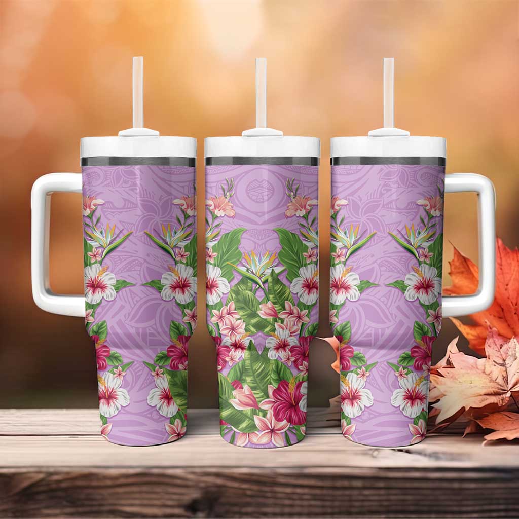 Hawaii Tropical Flowers Tumbler With Handle Lavender Polynesian Tattoo Art