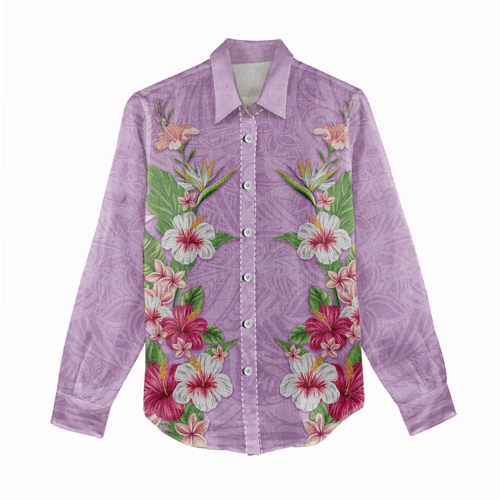 Hawaii Tropical Flowers Women Casual Shirt Lavender Polynesian Tattoo Art