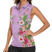 Hawaii Tropical Flowers Women Sleeveless Polo Shirt Lavender Polynesian Tattoo Art
