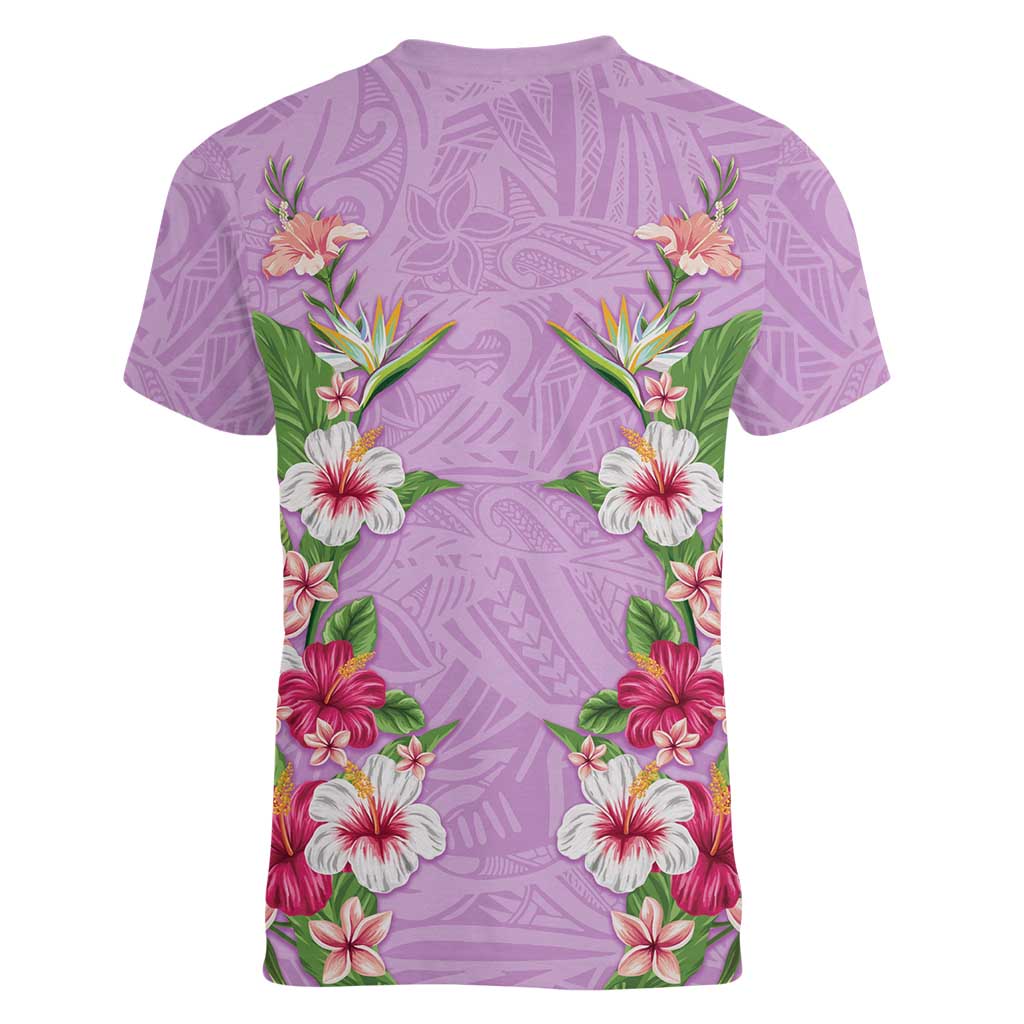 Hawaii Tropical Flowers Women V-Neck T-Shirt Lavender Polynesian Tattoo Art LT05 - Polynesian Pride