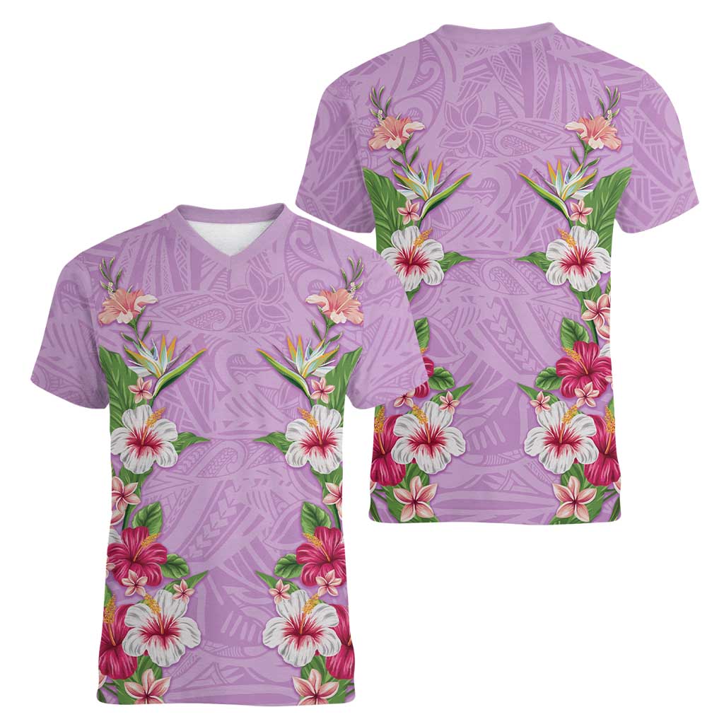 Hawaii Tropical Flowers Women V-Neck T-Shirt Lavender Polynesian Tattoo Art LT05 - Polynesian Pride