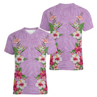 Hawaii Tropical Flowers Women V-Neck T-Shirt Lavender Polynesian Tattoo Art LT05 - Polynesian Pride