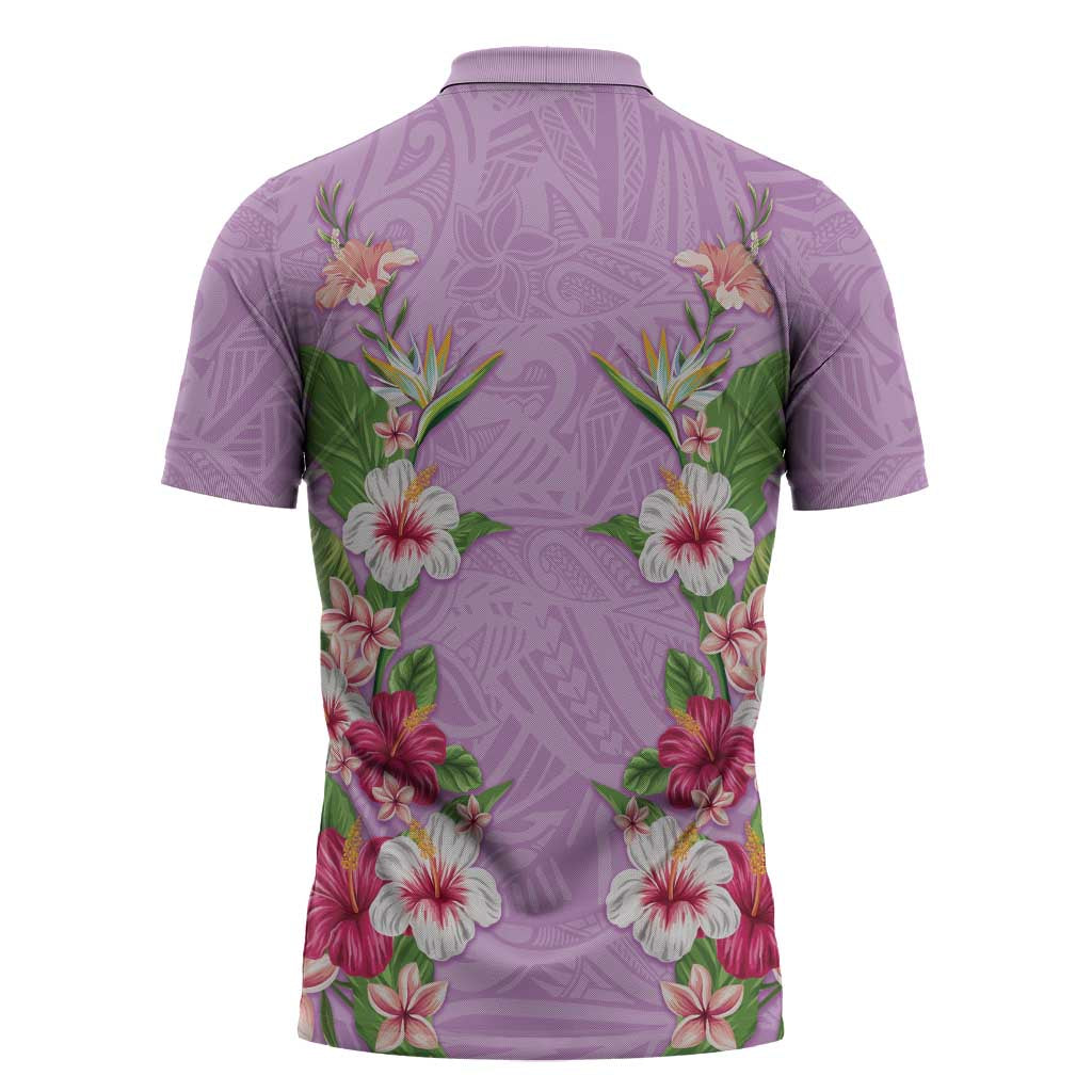 Hawaii Tropical Flowers Zipper Polo Shirt Lavender Polynesian Tattoo Art