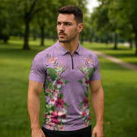 Hawaii Tropical Flowers Zipper Polo Shirt Lavender Polynesian Tattoo Art