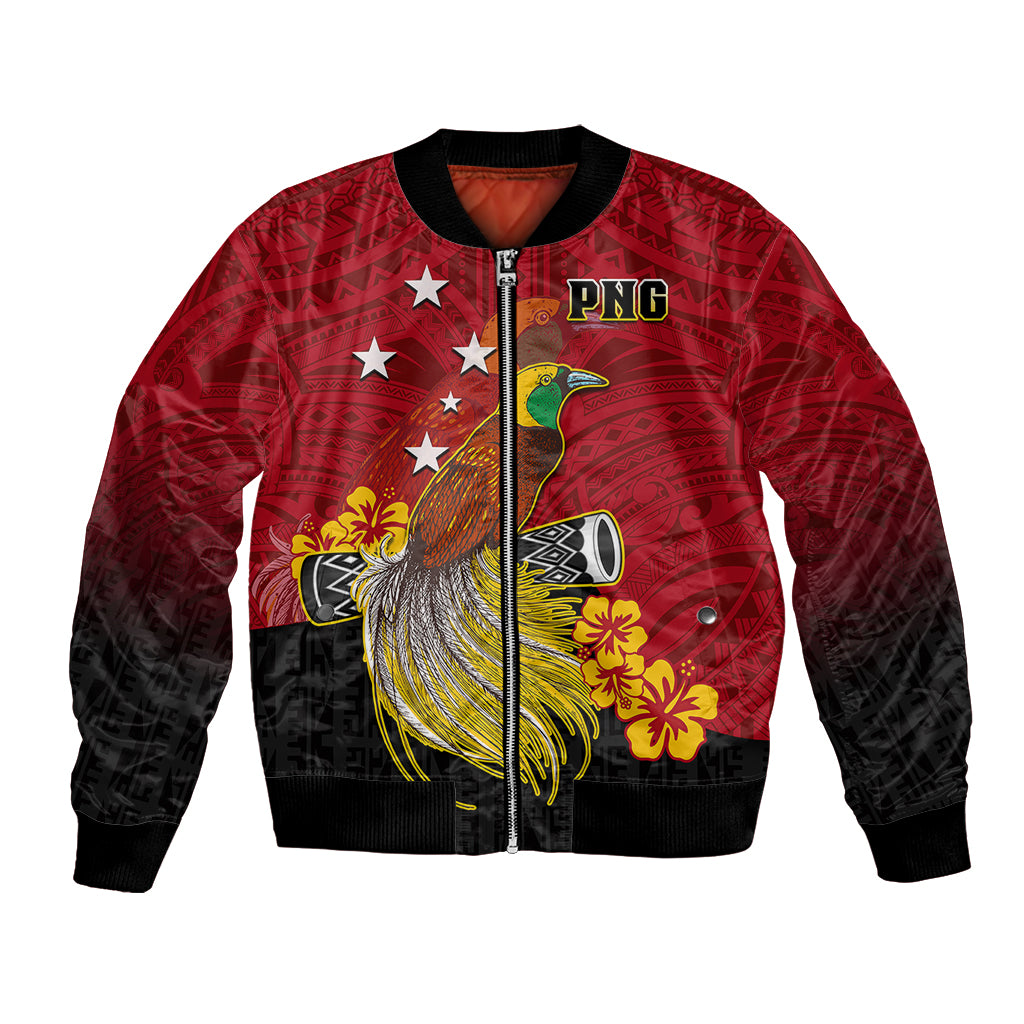 Personalized Papua New Guinea Bomber Jacket Bird Of Paradise Hibiscus With Motuan Pattern LT05 Unisex Red - Polynesian Pride