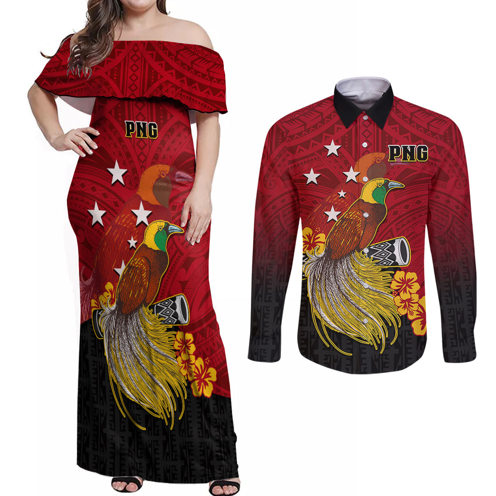 Personalized Papua New Guinea Couples Matching Off Shoulder Maxi Dress and Long Sleeve Button Shirts Bird Of Paradise Hibiscus With Motuan Pattern LT05 Red - Polynesian Pride