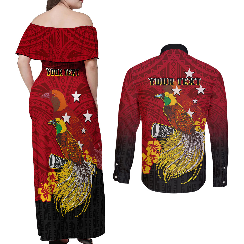 Personalized Papua New Guinea Couples Matching Off Shoulder Maxi Dress and Long Sleeve Button Shirts Bird Of Paradise Hibiscus With Motuan Pattern LT05 - Polynesian Pride