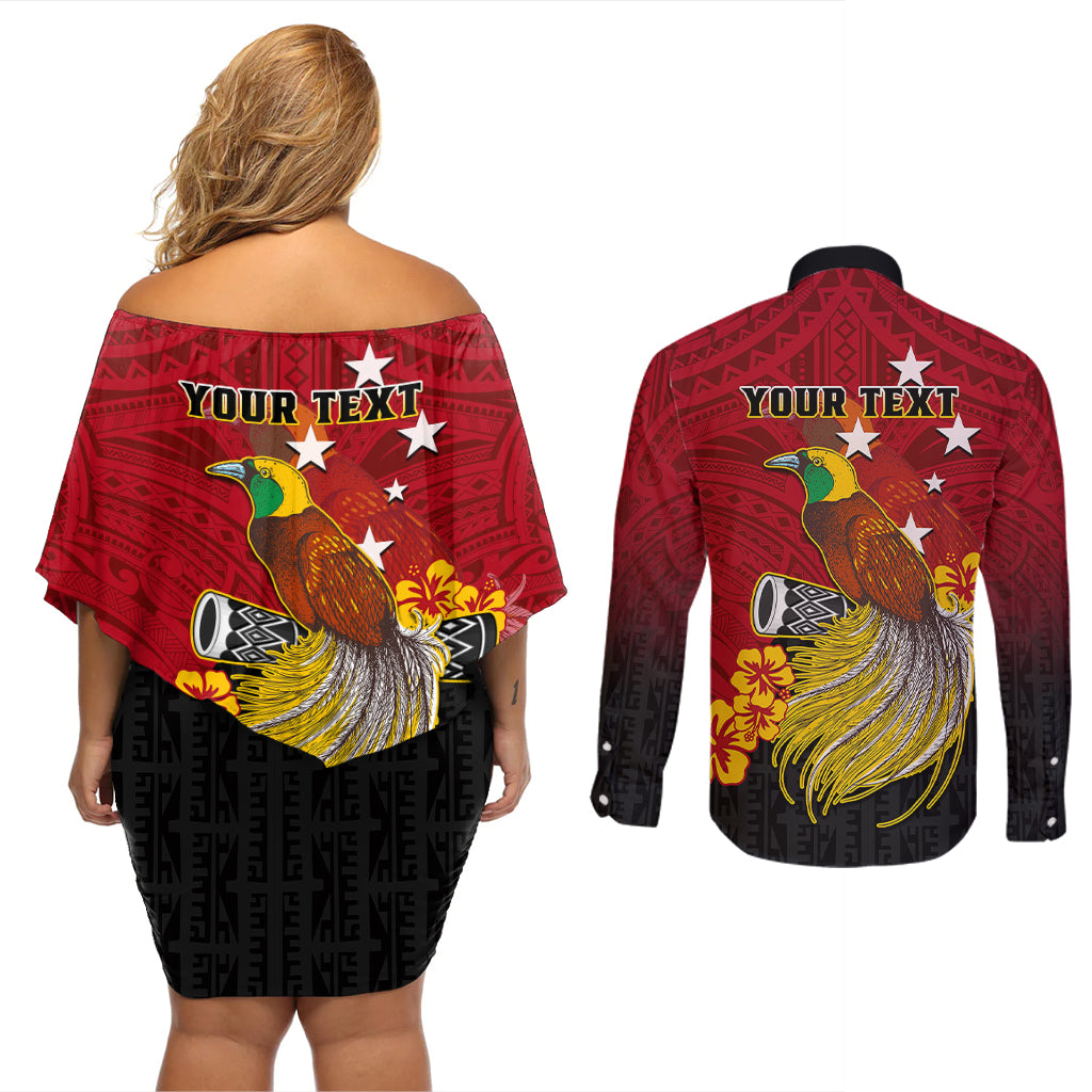 Personalized Papua New Guinea Couples Matching Off Shoulder Short Dress and Long Sleeve Button Shirts Bird Of Paradise Hibiscus With Motuan Pattern LT05 - Polynesian Pride
