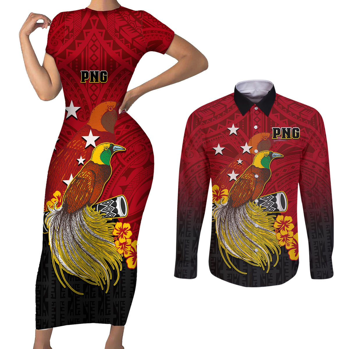 Personalized Papua New Guinea Couples Matching Short Sleeve Bodycon Dress and Long Sleeve Button Shirts Bird Of Paradise Hibiscus With Motuan Pattern LT05 Red - Polynesian Pride