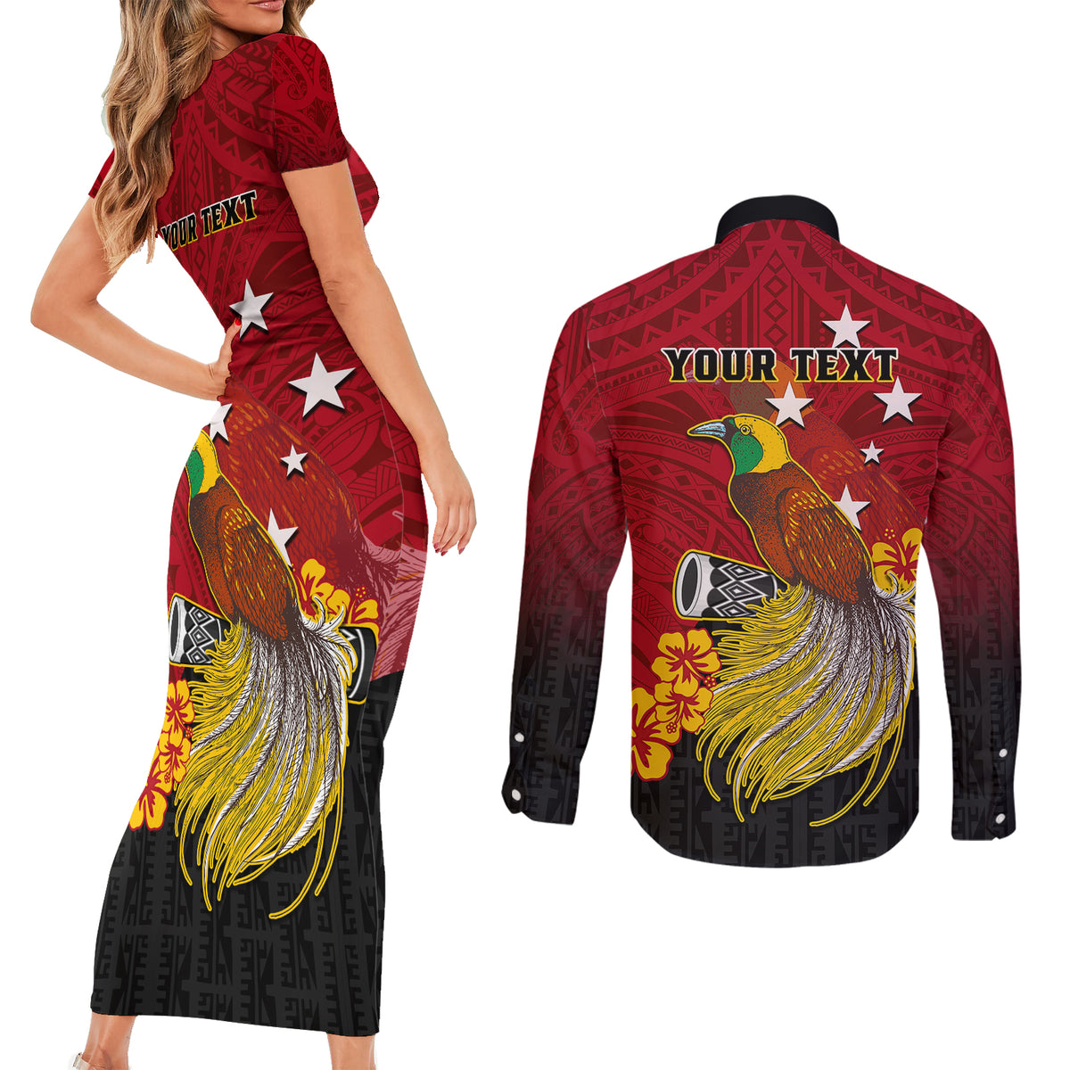 Personalized Papua New Guinea Couples Matching Short Sleeve Bodycon Dress and Long Sleeve Button Shirts Bird Of Paradise Hibiscus With Motuan Pattern LT05 - Polynesian Pride
