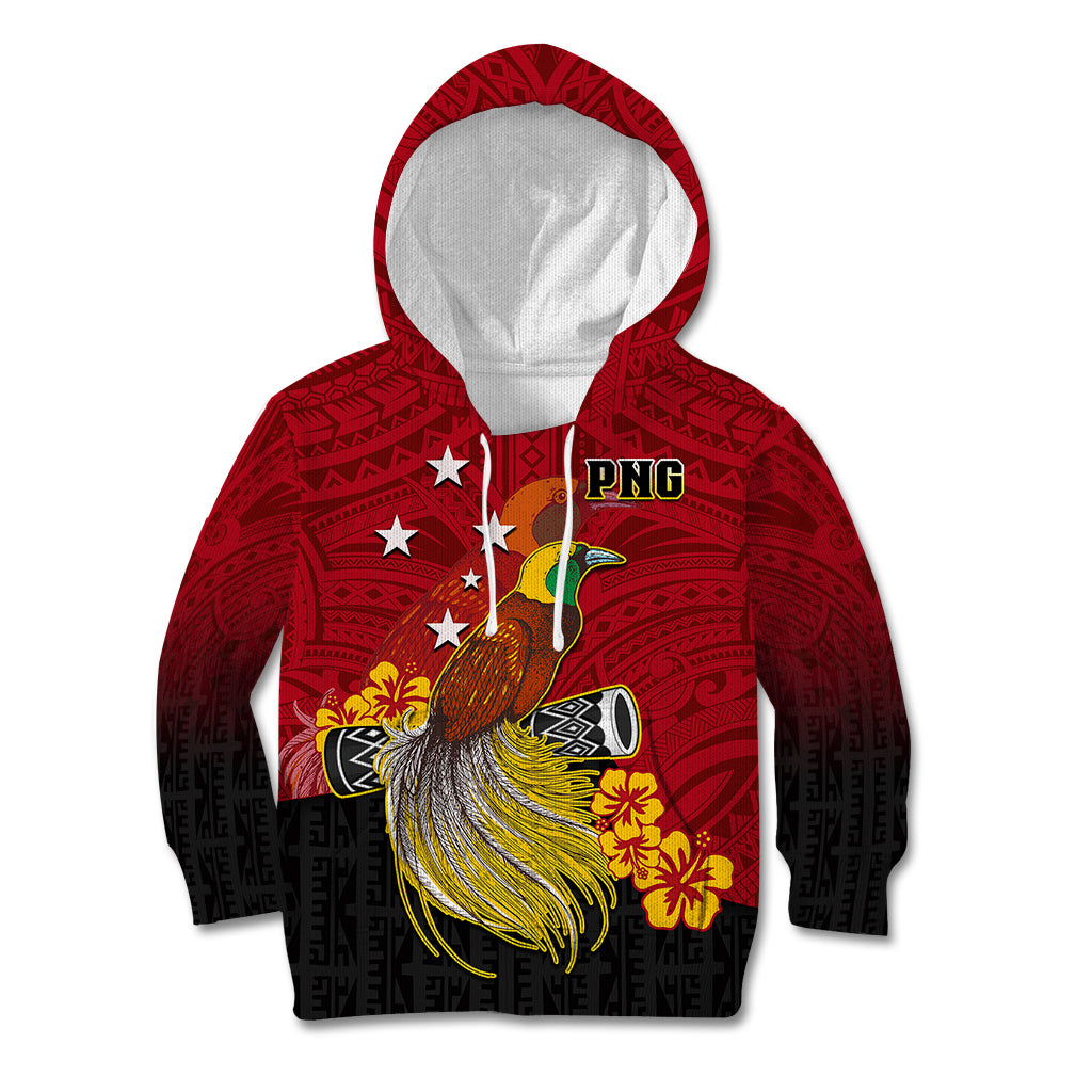 Personalized Papua New Guinea Kid Hoodie Bird Of Paradise Hibiscus With Motuan Pattern LT05 Hoodie Red - Polynesian Pride
