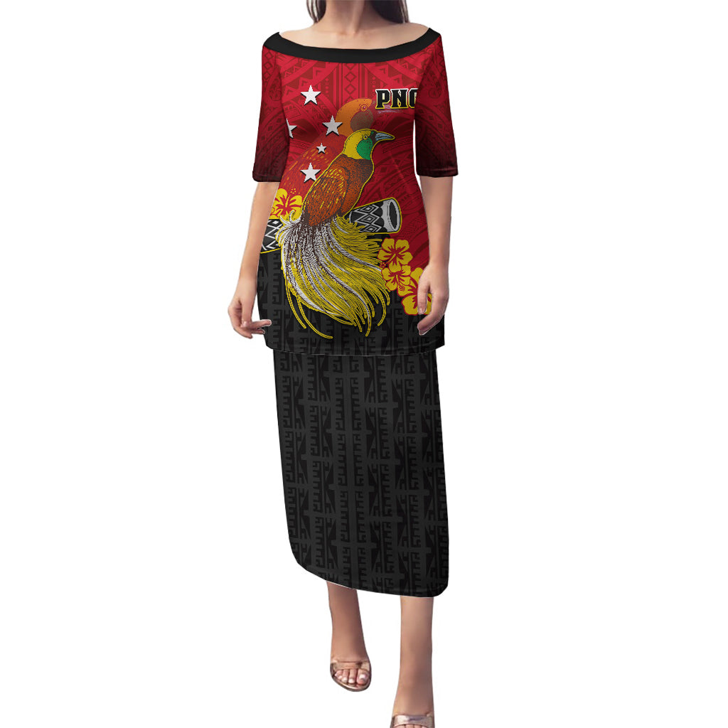 Personalized Papua New Guinea Puletasi Bird Of Paradise Hibiscus With Motuan Pattern LT05 Long Dress Red - Polynesian Pride